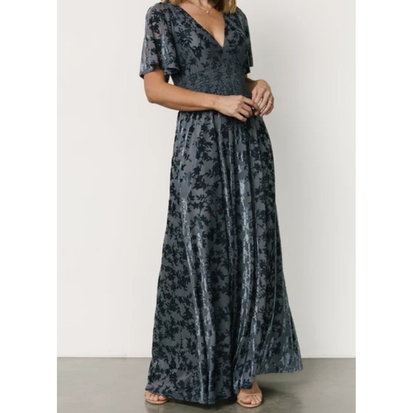 New Baltic Born Veronica Velvet Maxi Dress Sz 2XL Slate Blue Deep V Front Split - Picture 8 of 11